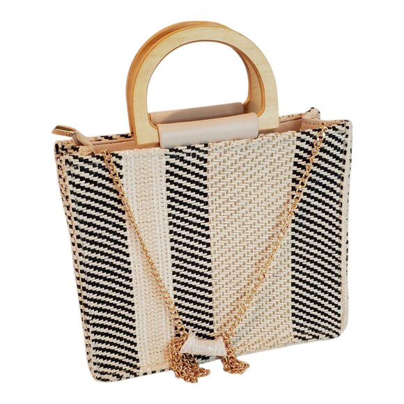 NEW  WOVEN Handbag Straw & Natural fiber Striped Wooden Handles Chain Strap - Picture 1 of 9